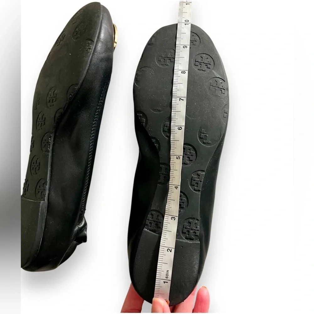 Tory Burch Reva Black Leather Ballet Flats Gold Logo Size 7.5